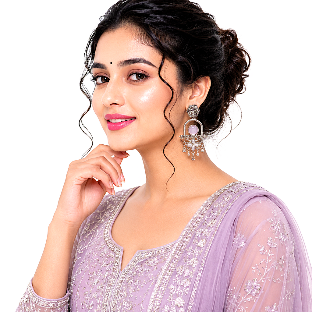 Raannii Earrings - Light Pink Stone Oxidised Long Drop Earrings for Women