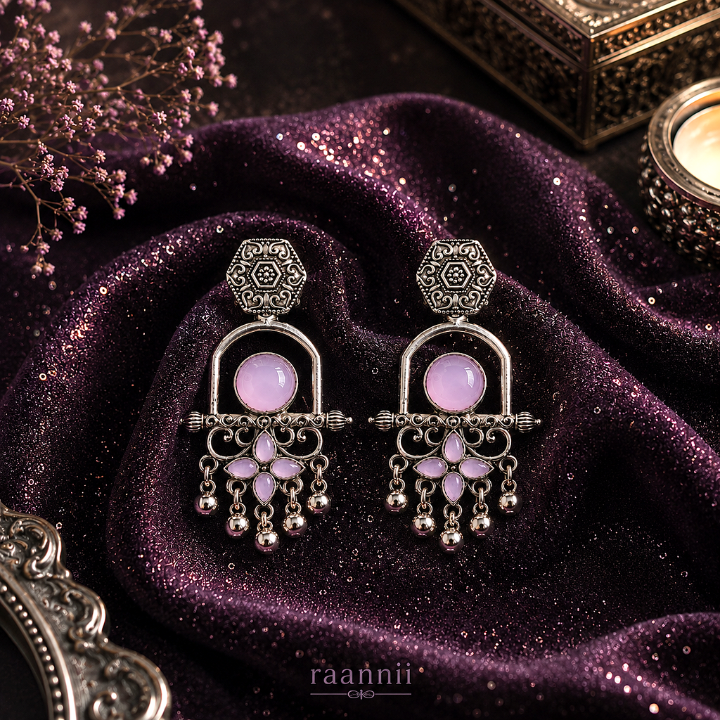 Raannii Earrings - Light Pink Stone Oxidised Long Drop Earrings for Women