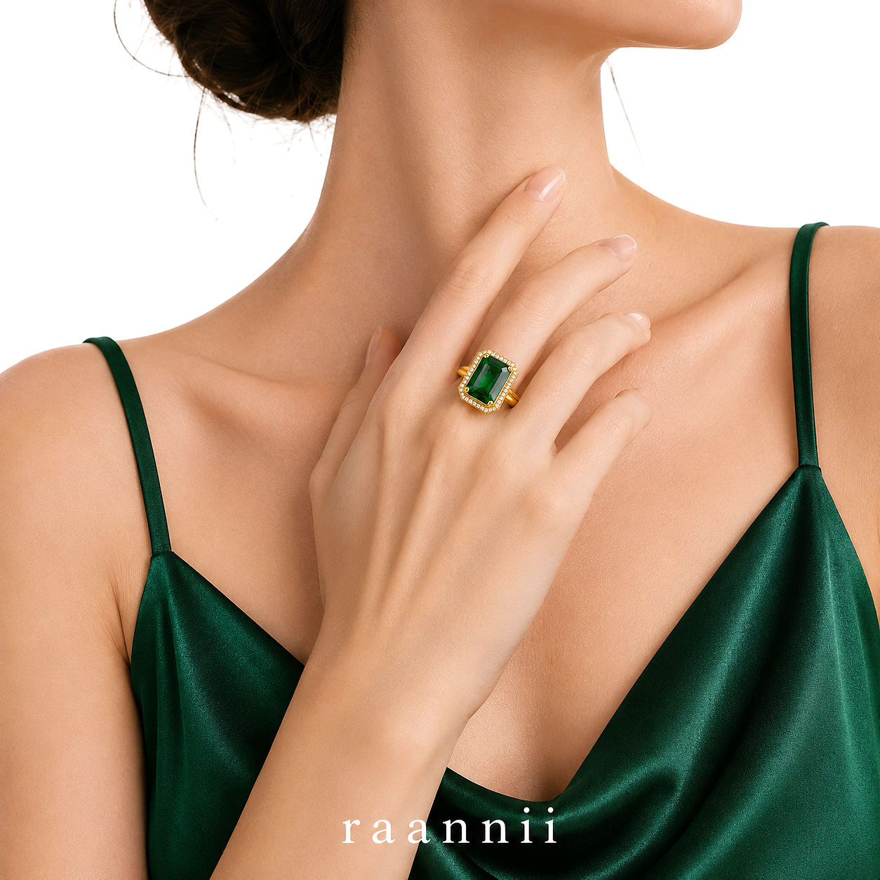 Raannii Rings - Gold Plated Green Crystal Rectangle Statement Adjustable Ring for Women
