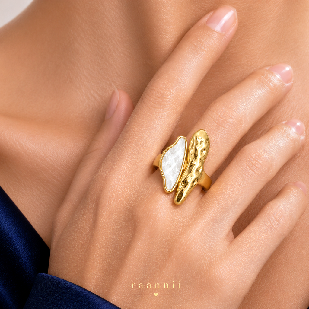 Raannii Ring - Gold Tone White Stone Adjustable Statement Ring for Women
