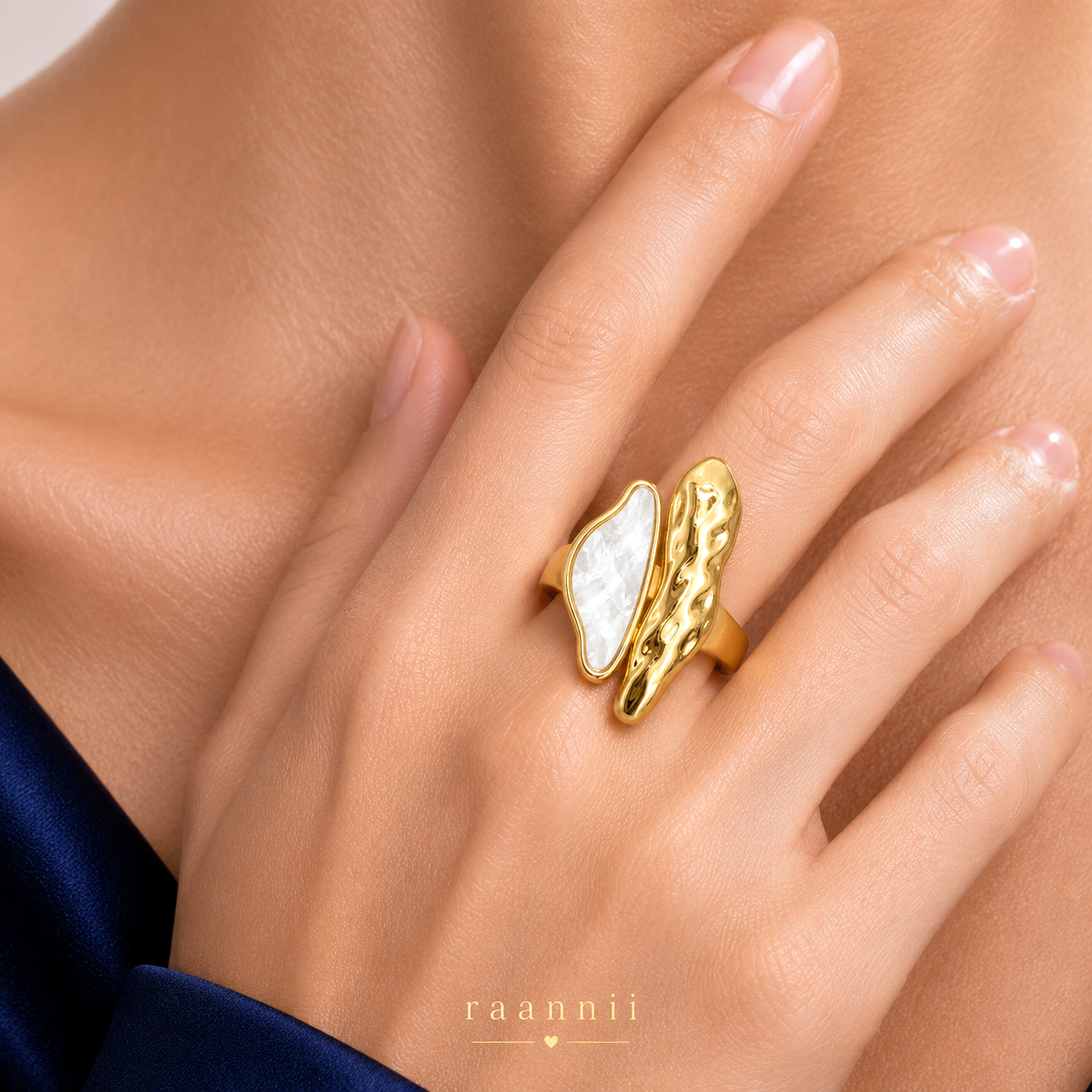 Raannii Ring - Gold Tone White Stone Adjustable Statement Ring for Women