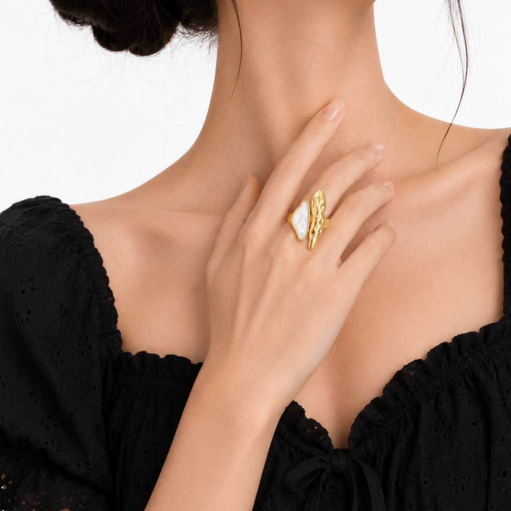 Raannii Ring - Gold Tone White Stone Adjustable Statement Ring for Women
