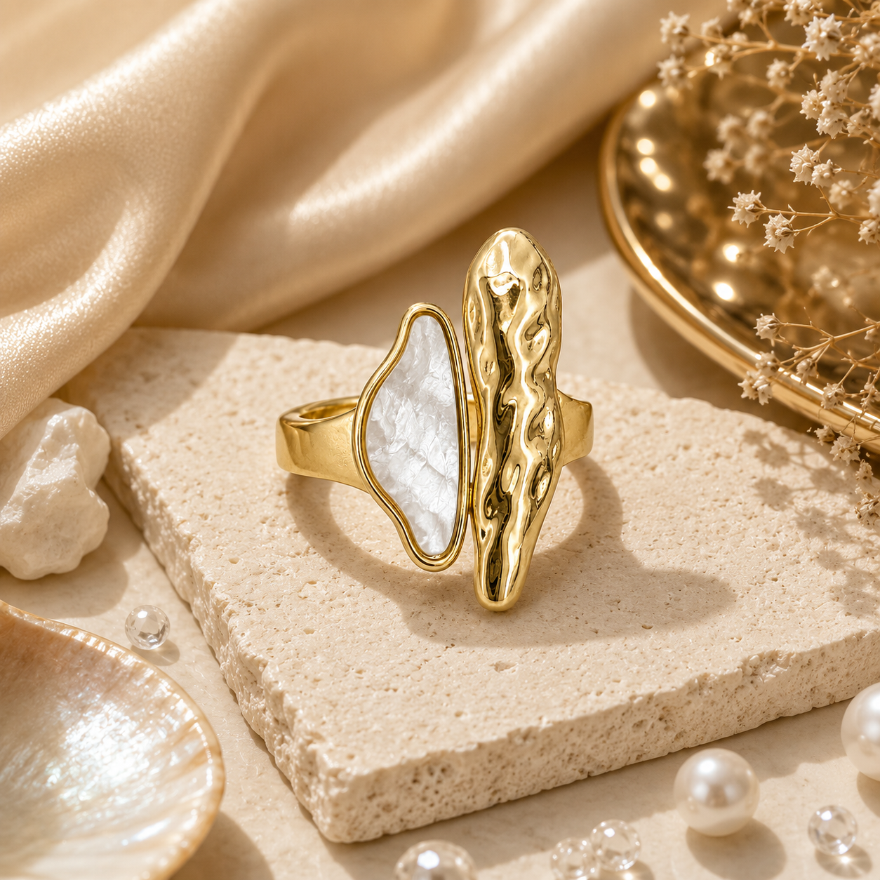 Raannii Ring - Gold Tone White Stone Adjustable Statement Ring for Women