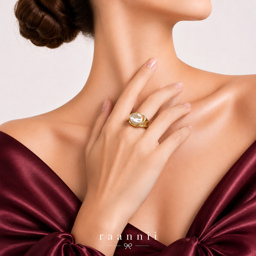 Raannii Ring - Gold Plated Pearl Statement Ring for Women Elegant Designer Fashion Ring