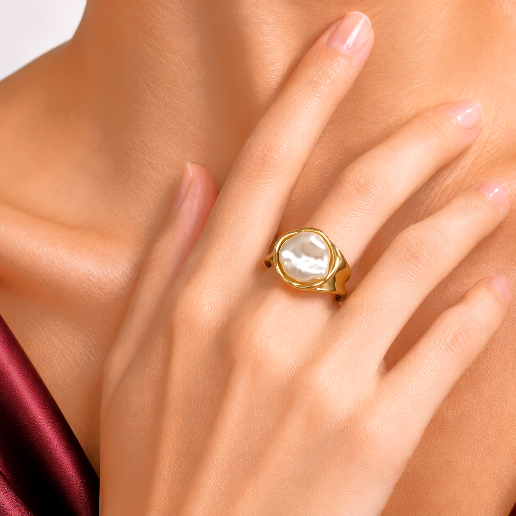 Raannii Ring - Gold Plated Pearl Statement Ring for Women Elegant Designer Fashion Ring