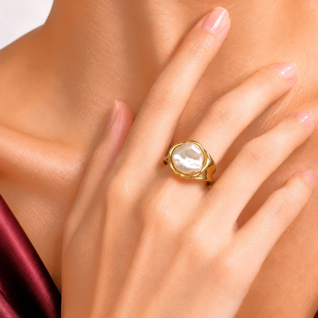 Raannii Ring - Gold Plated Pearl Statement Ring for Women Elegant Designer Fashion Ring