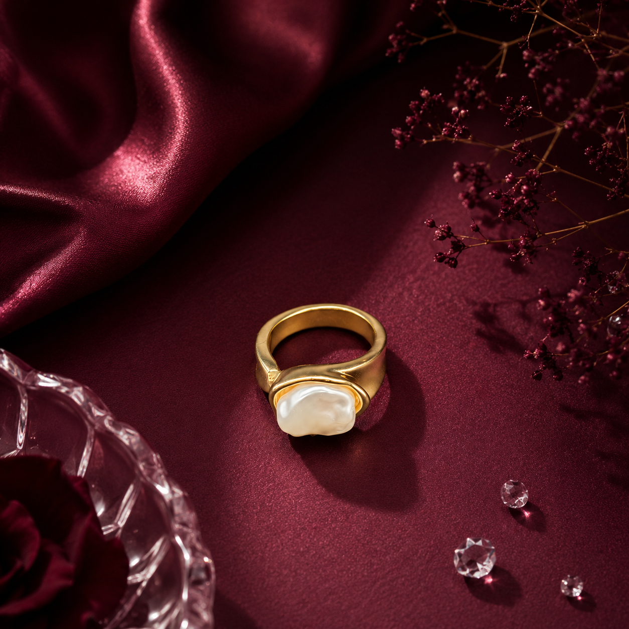 Raannii Ring - Gold Plated Pearl Statement Ring for Women Elegant Designer Fashion Ring