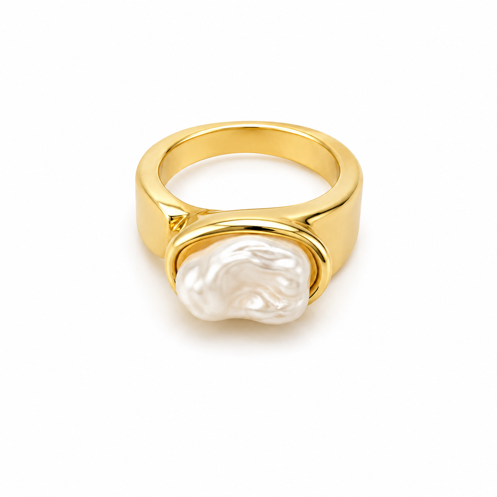 Raannii Ring - Gold Plated Pearl Statement Ring for Women Elegant Designer Fashion Ring