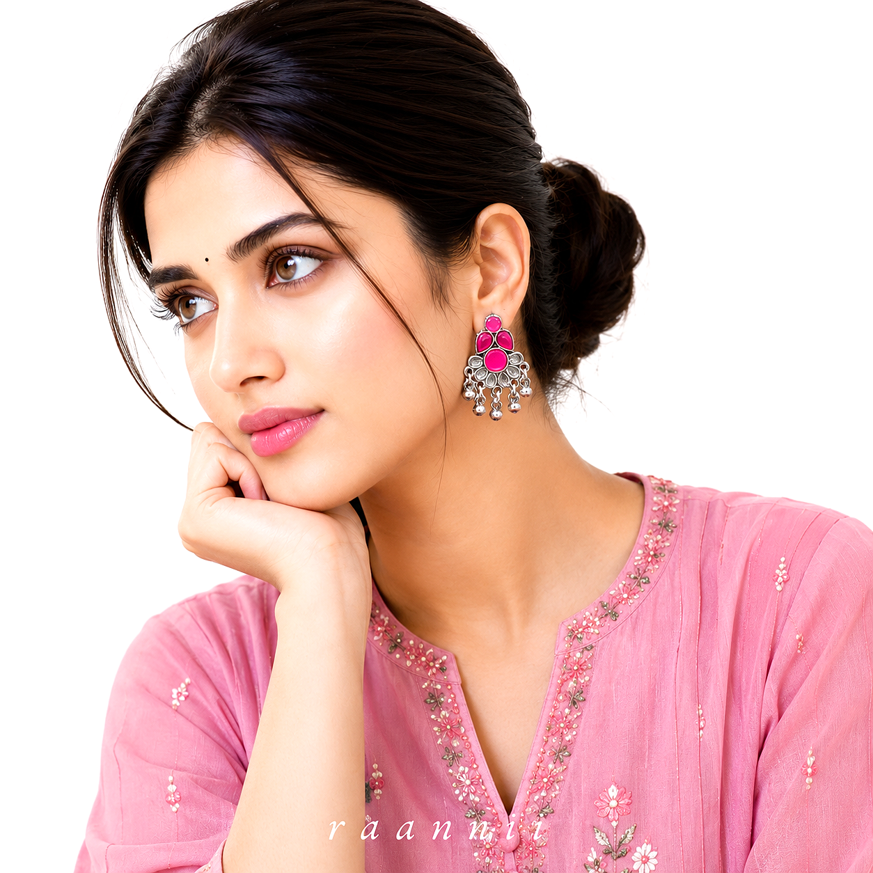 Raannii Earrings - Pink Stone Oxidised Drop Earrings for Women