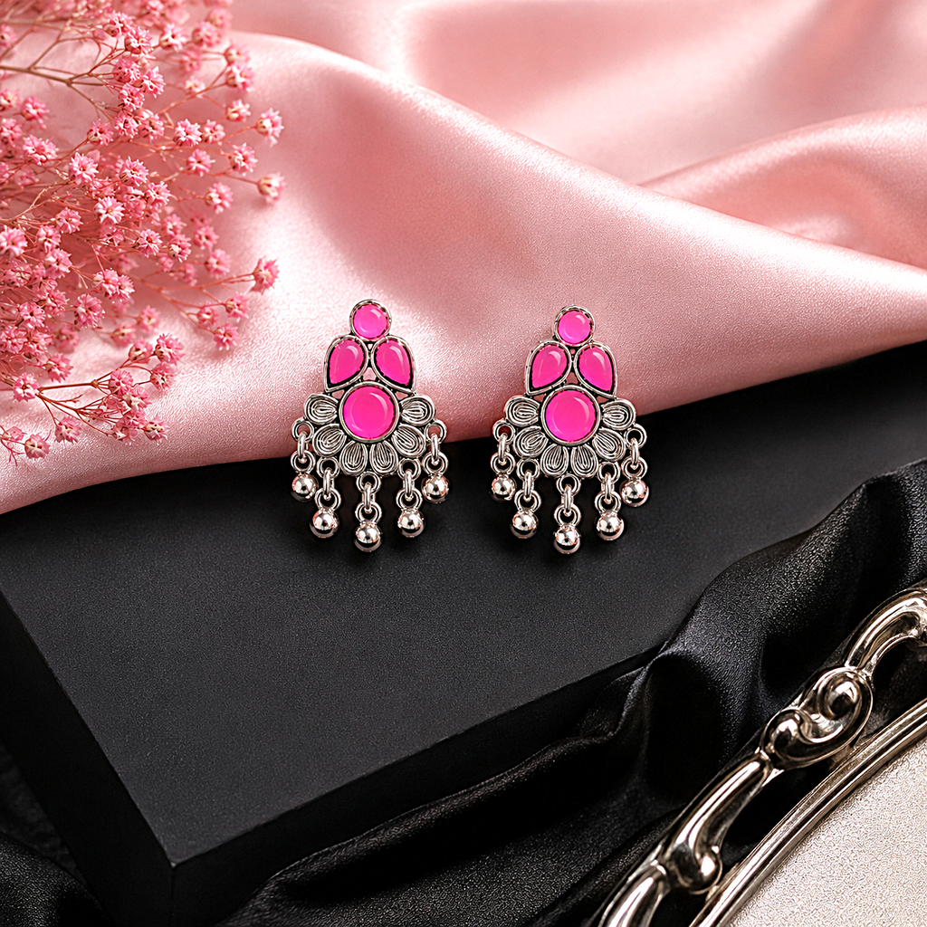 Raannii Earrings - Pink Stone Oxidised Drop Earrings for Women