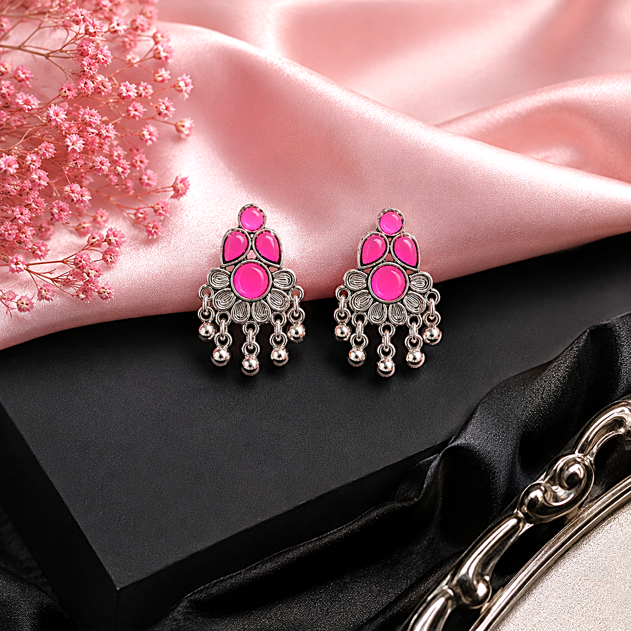Raannii Earrings - Pink Stone Oxidised Drop Earrings for Women