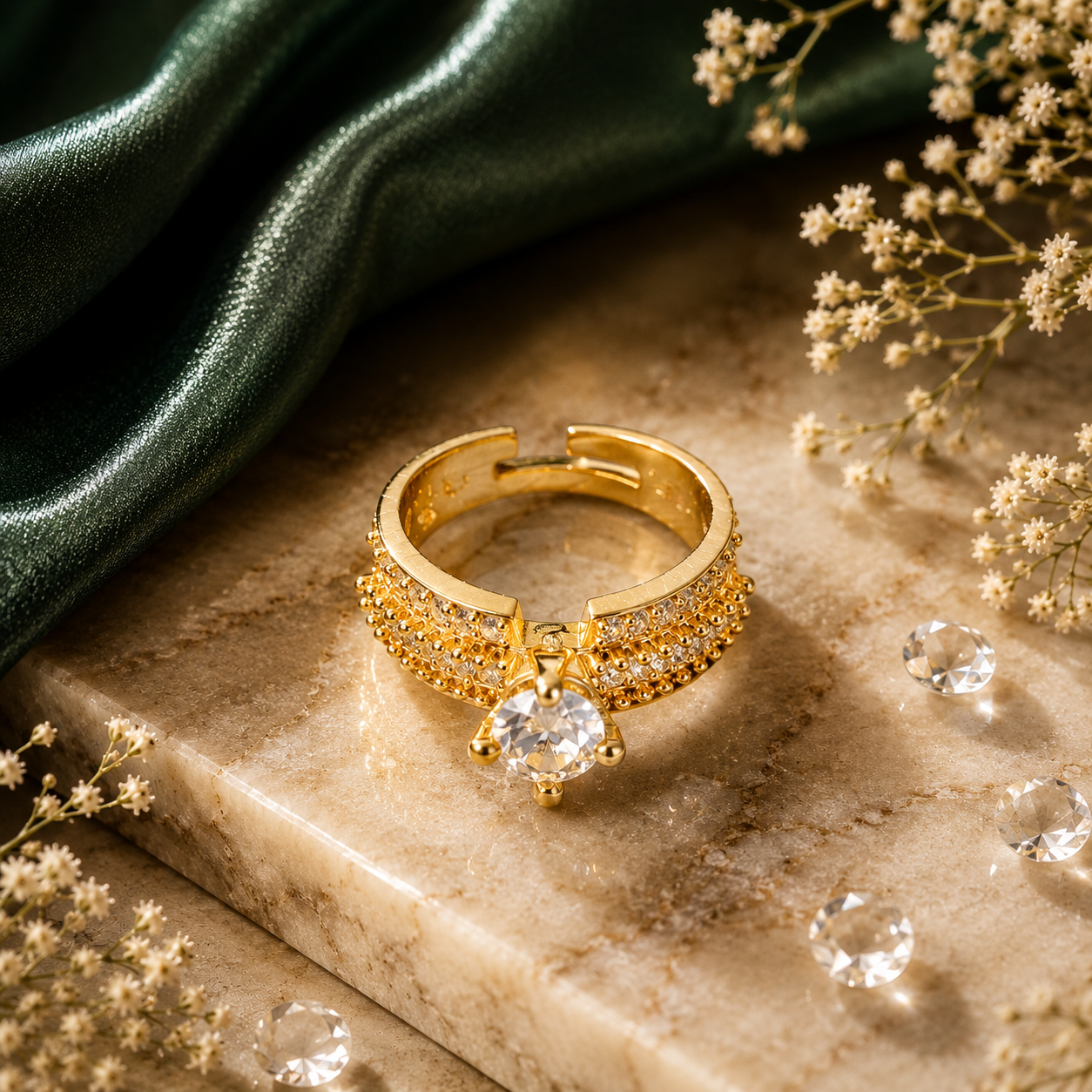 Raannii Ring - Gold Plated Adjustable Crystal Stone Ring for Women