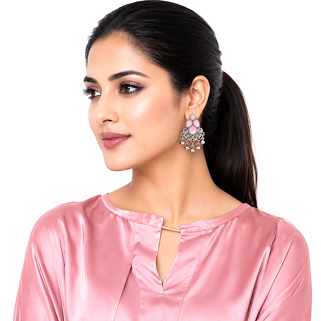 Raannii Earrings - Light Pink Stone Oxidised Drop Earrings for Women
