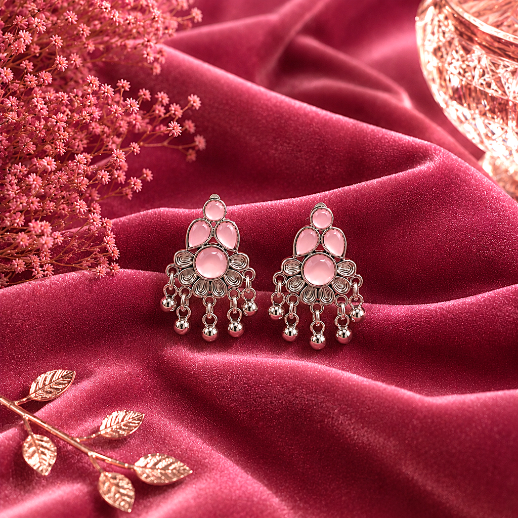 Raannii Earrings - Light Pink Stone Oxidised Drop Earrings for Women