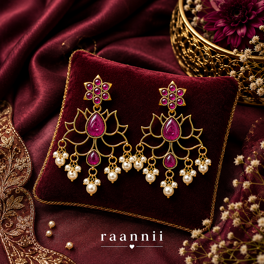 Raannii Ruby Pink Lotus Earrings – Gold Plated Pearl Drop Statement Earrings