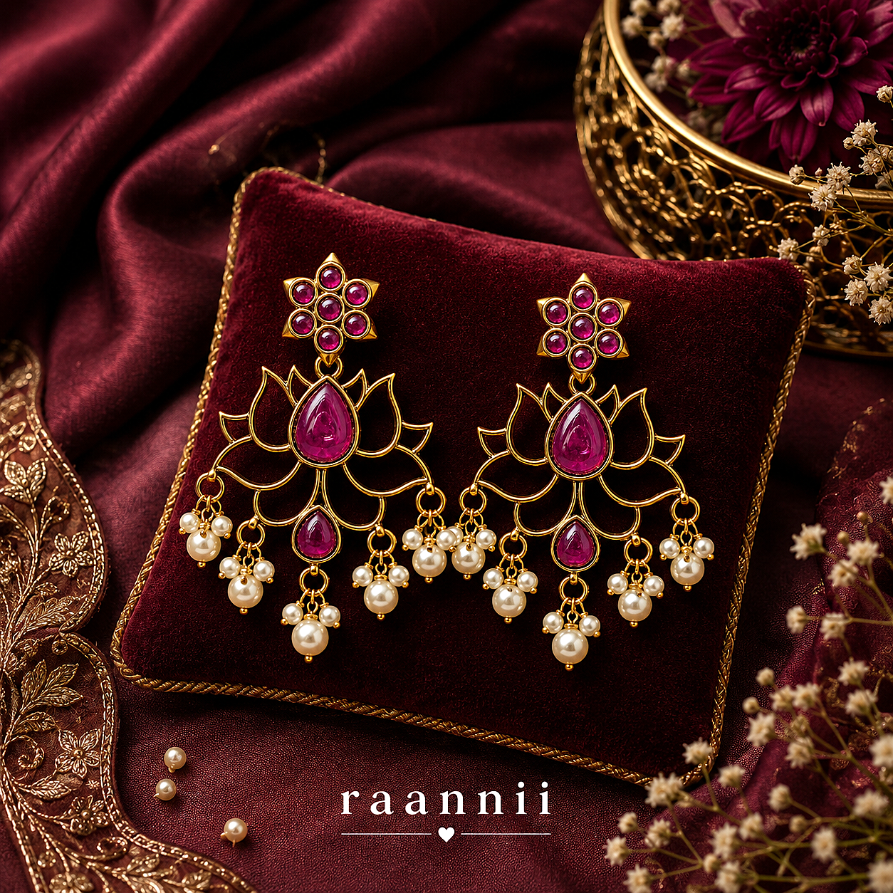Raannii Ruby Pink Lotus Earrings – Gold Plated Pearl Drop Statement Earrings