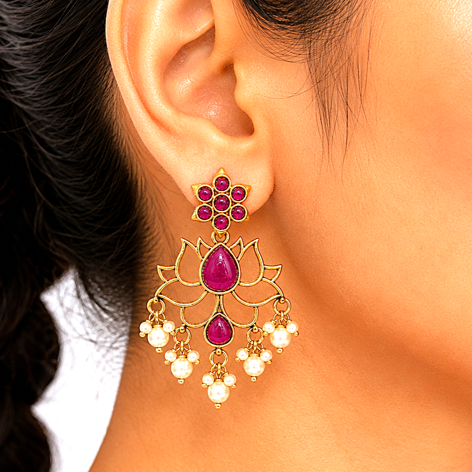 Raannii Ruby Pink Lotus Earrings – Gold Plated Pearl Drop Statement Earrings