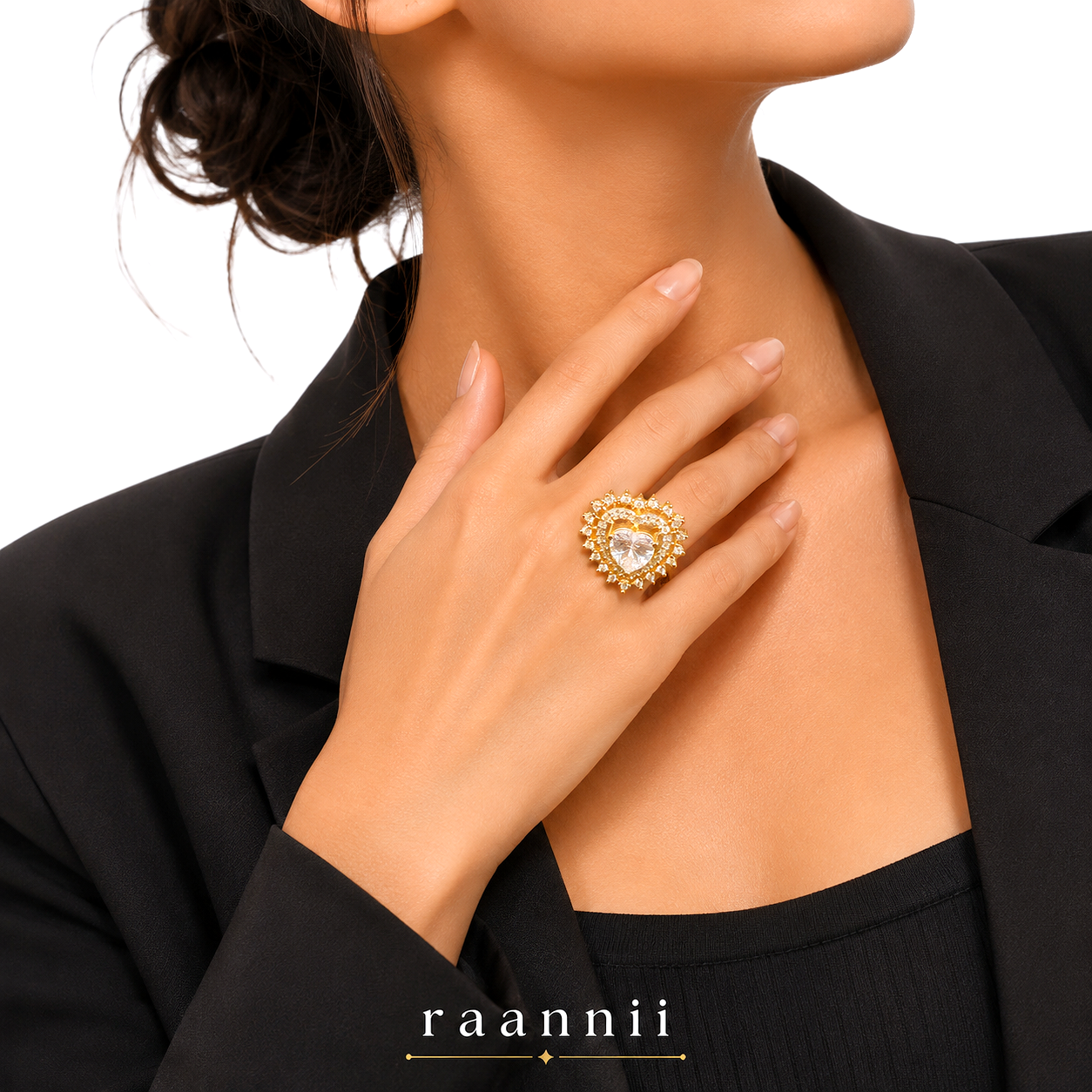 Raannii Ring - Gold Plated Heart Crystal Adjustable Ring for Women