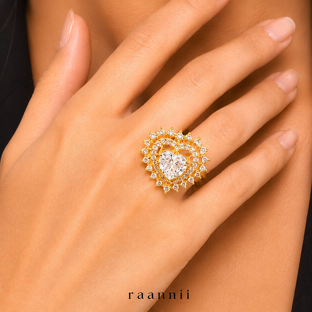 Raannii Ring - Gold Plated Heart Crystal Adjustable Ring for Women