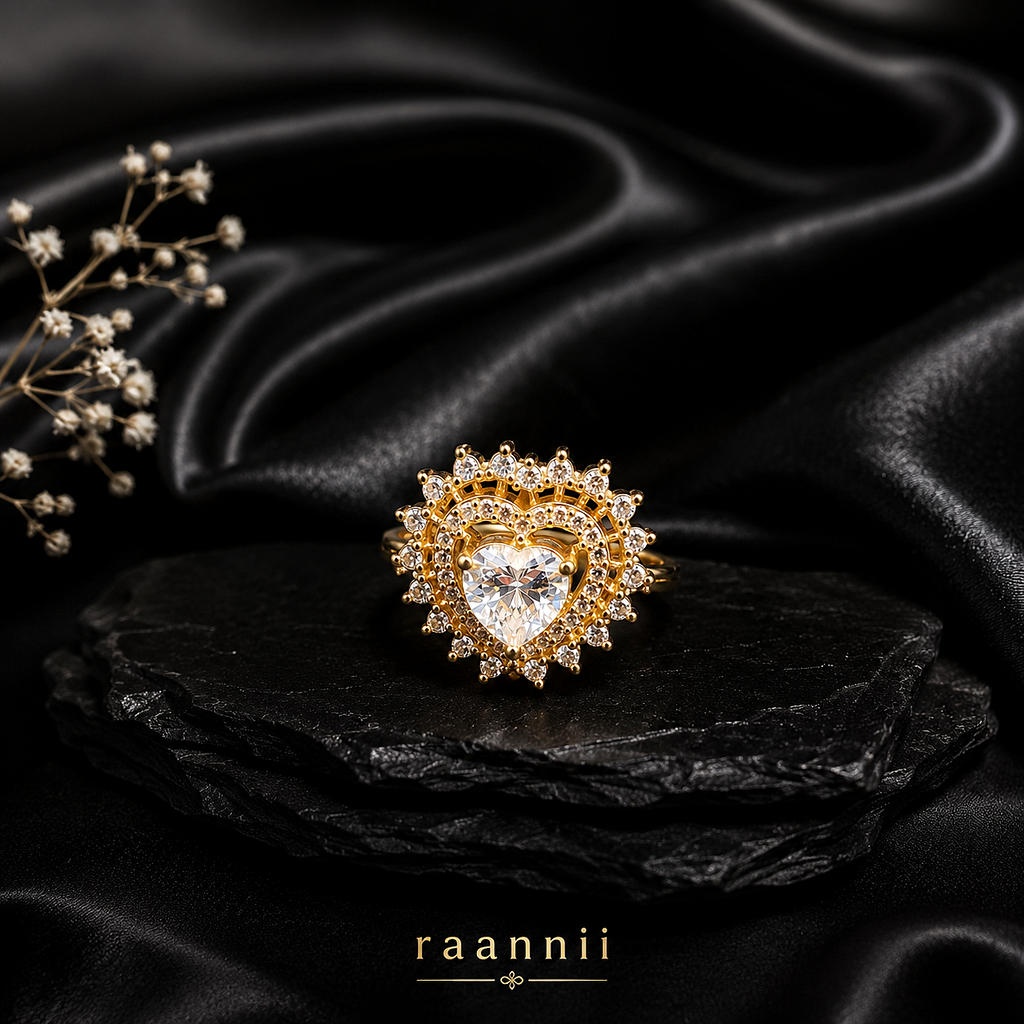 Raannii Ring - Gold Plated Heart Crystal Adjustable Ring for Women