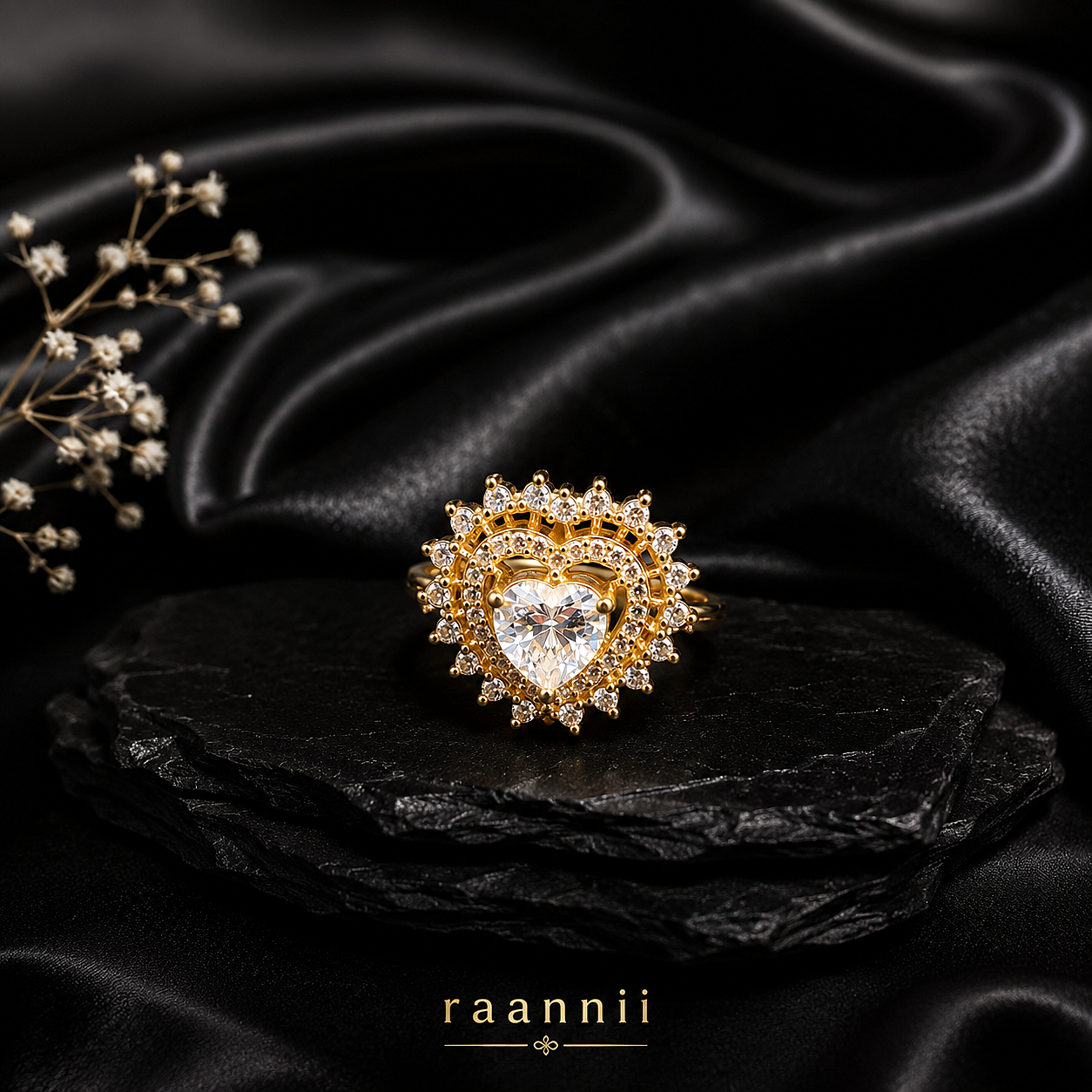 Raannii Ring - Gold Plated Heart Crystal Adjustable Ring for Women