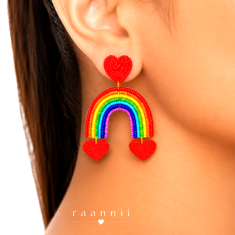 Raannii Rainbow Heart Beaded Statement Earrings
