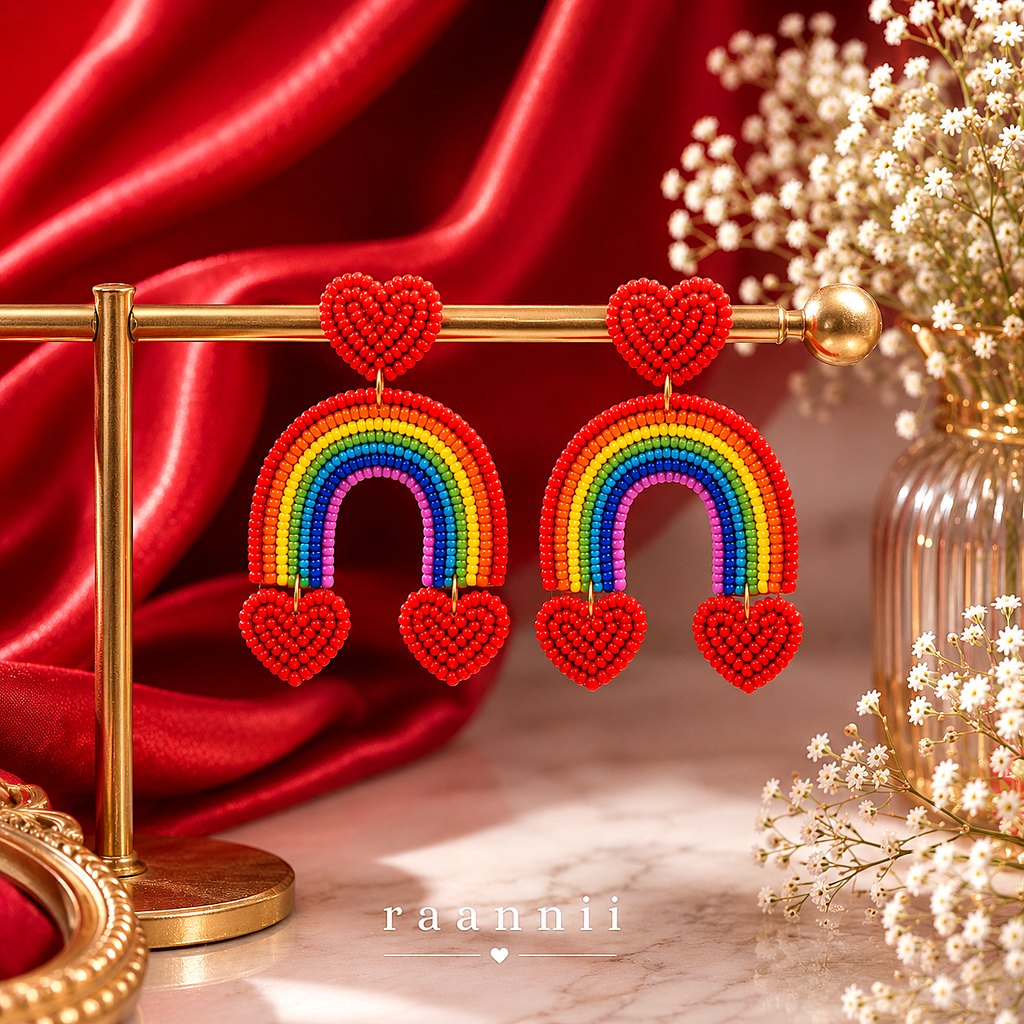 Raannii Rainbow Heart Beaded Statement Earrings