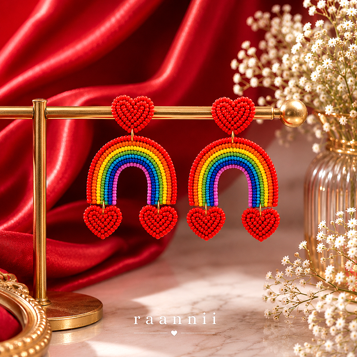 Raannii Rainbow Heart Beaded Statement Earrings
