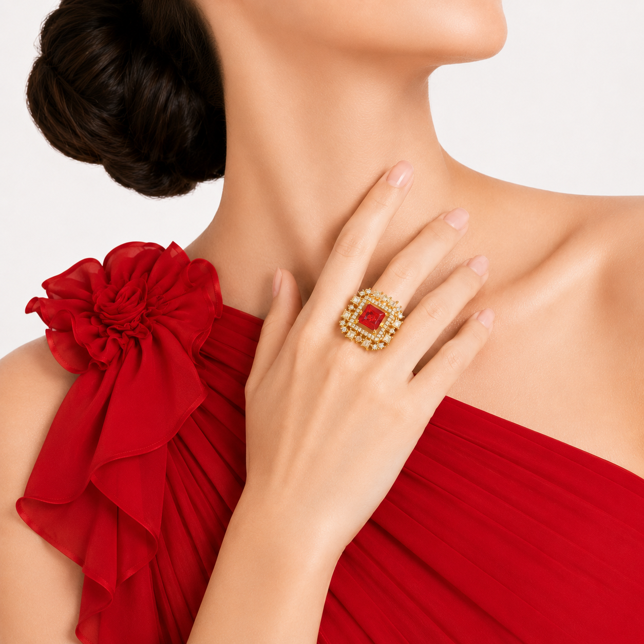 Raannii - Ring Gold Plated Red Crystal Square Statement Adjustable Ring for Women
