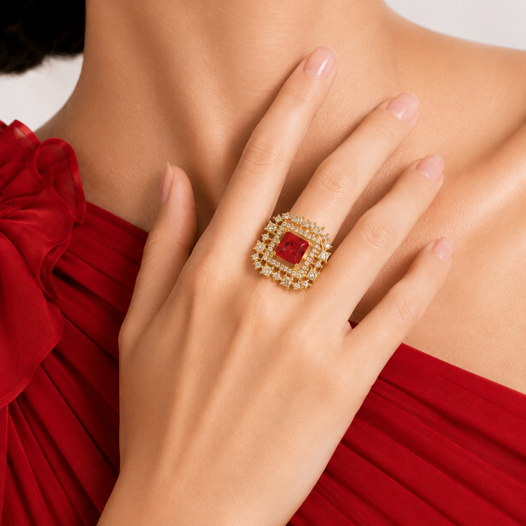 Raannii - Ring Gold Plated Red Crystal Square Statement Adjustable Ring for Women