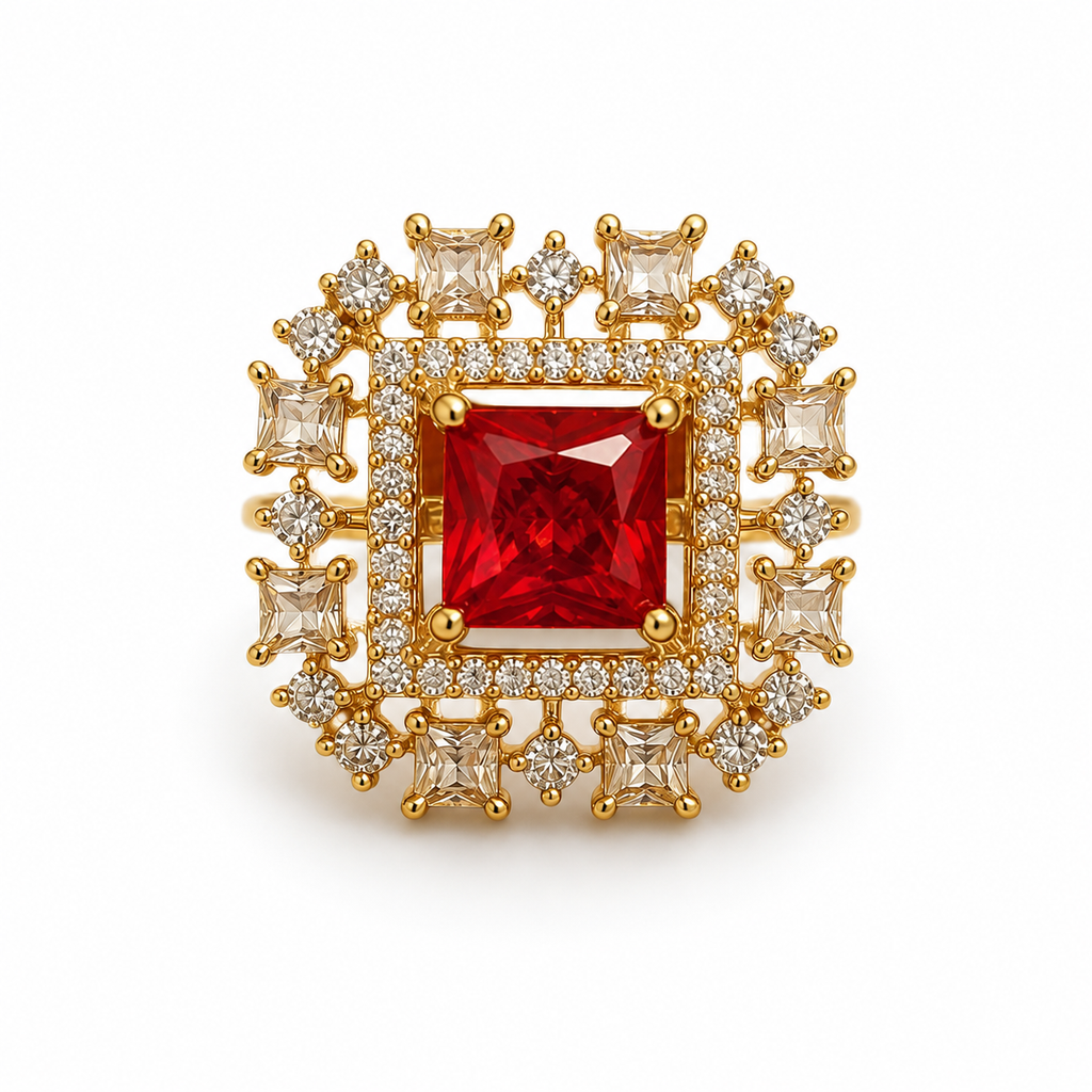 Raannii - Ring Gold Plated Red Crystal Square Statement Adjustable Ring for Women