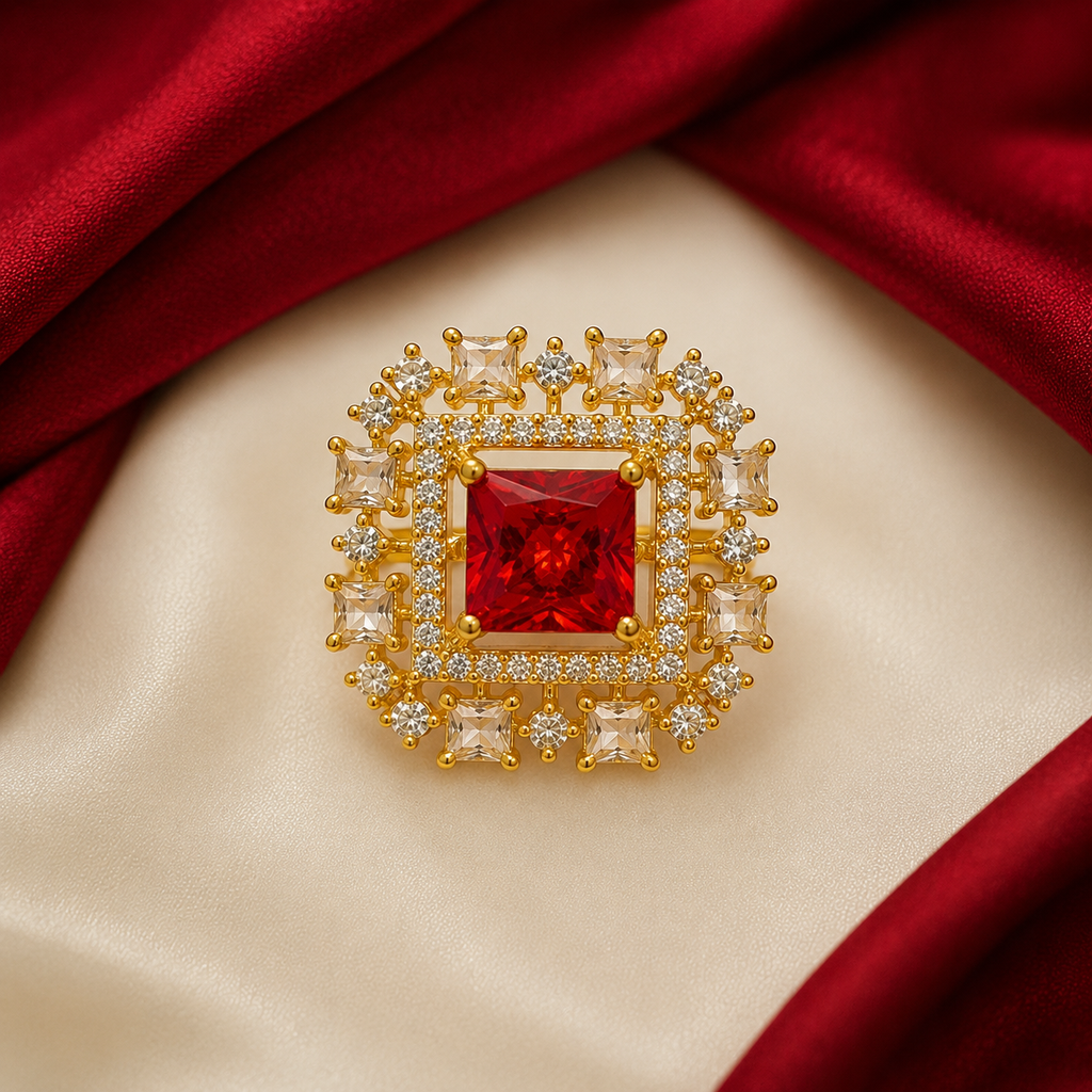 Raannii - Ring Gold Plated Red Crystal Square Statement Adjustable Ring for Women