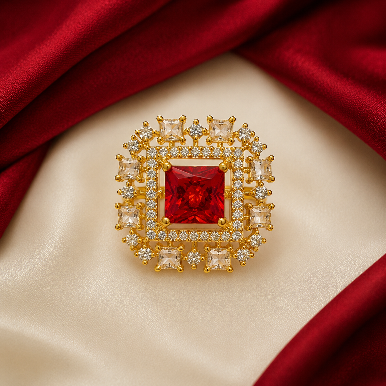Raannii - Ring Gold Plated Red Crystal Square Statement Adjustable Ring for Women