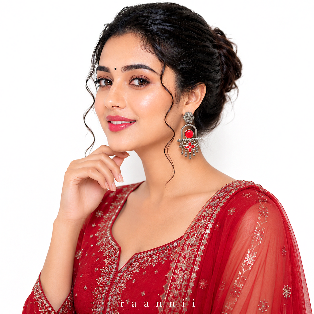 Raannii Earrings - Red Stone Oxidised Long Drop Earrings for Women