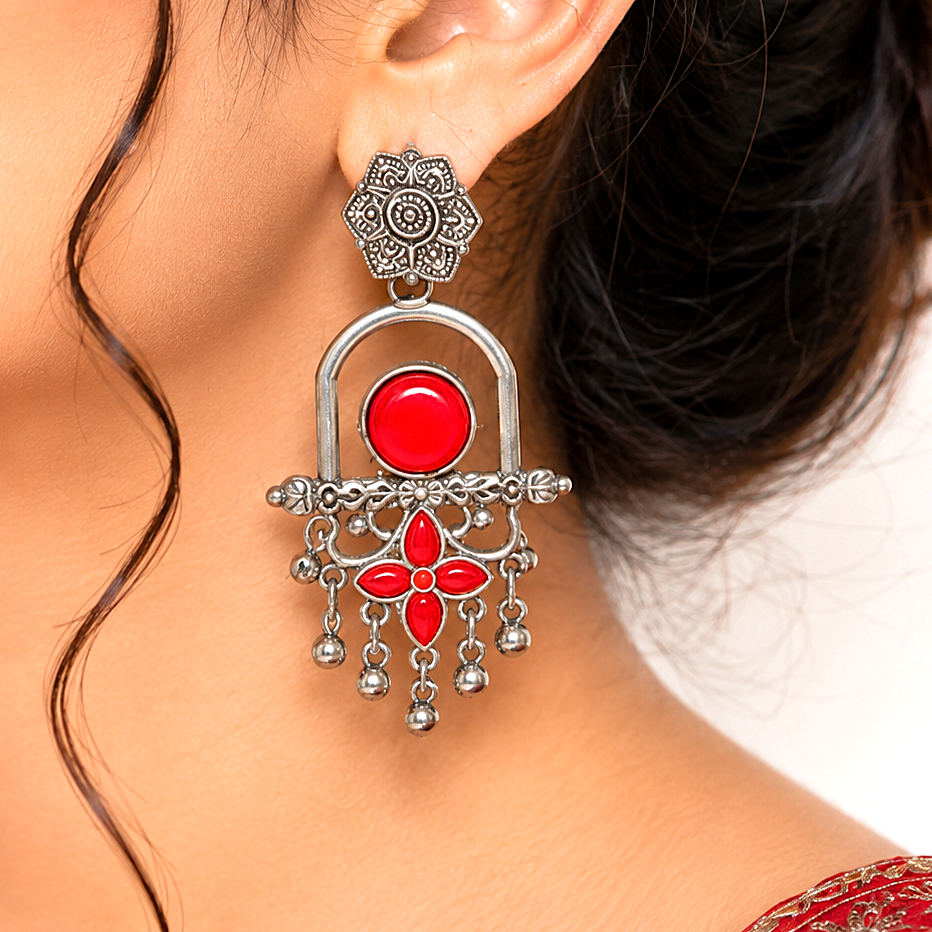 Raannii Earrings - Red Stone Oxidised Long Drop Earrings for Women