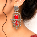 Raannii Earrings - Red Stone Oxidised Long Drop Earrings for Women