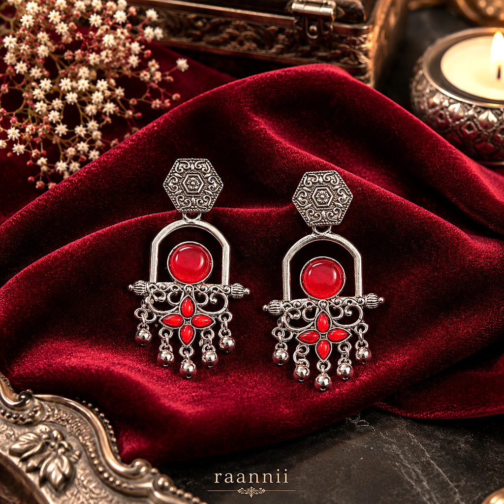 Raannii Earrings - Red Stone Oxidised Long Drop Earrings for Women