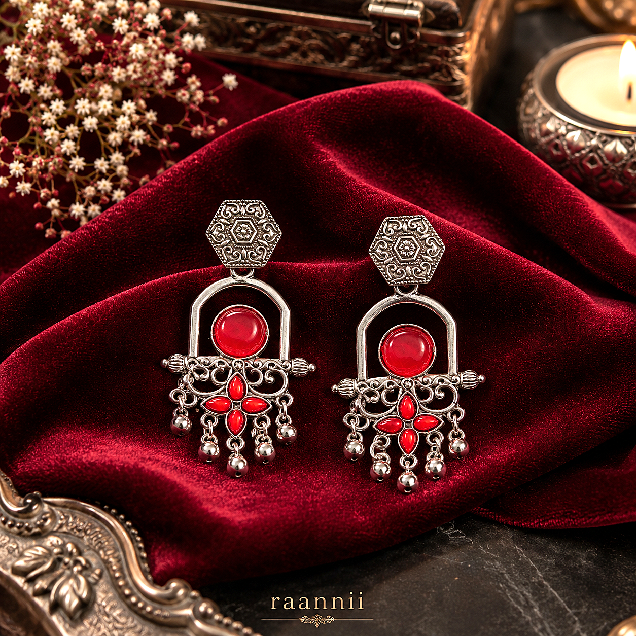 Raannii Earrings - Red Stone Oxidised Long Drop Earrings for Women