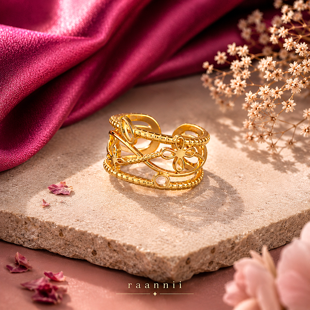 Raannii Ring - Elegant Floral Adjustable Gold Plated Statement Ring for Women