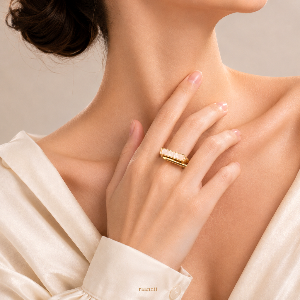 Raannii - Rings Gold Tone Rectangle Mother of Pearl Adjustable Ring for Women