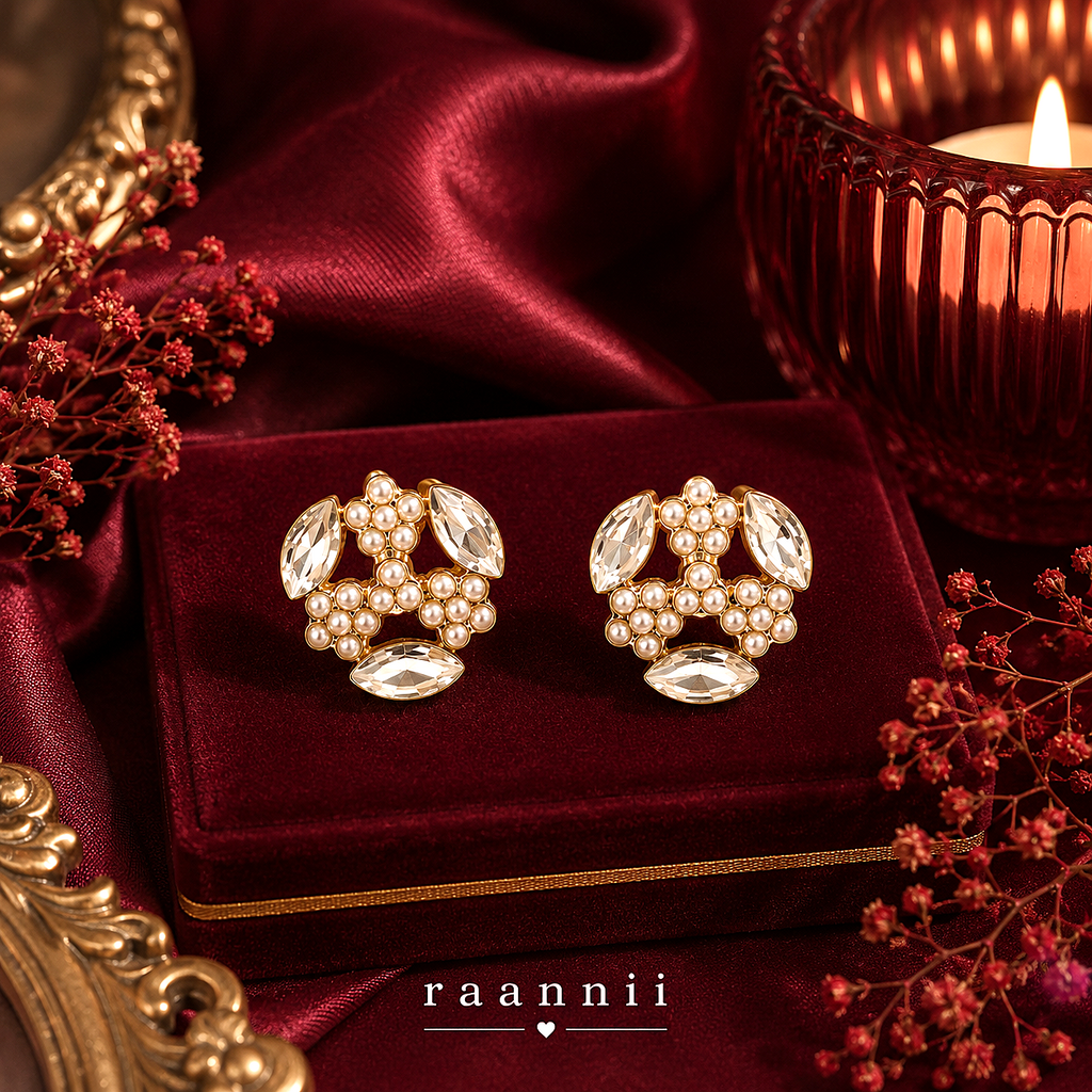 Raannii Earrings - Gold Plated Pearl & Crystal Stud Earrings for Women