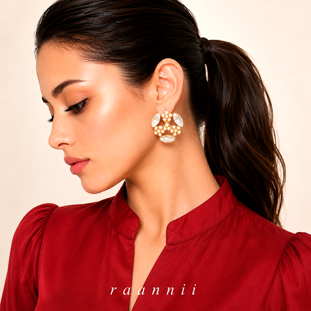 Raannii Earrings - Gold Plated Pearl & Crystal Stud Earrings for Women