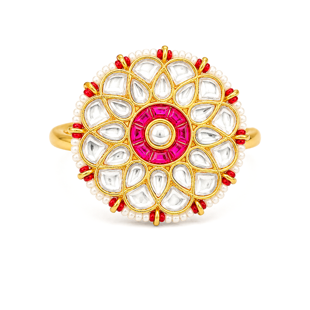 Raannii Rings - Gold Plated Pink Kundan Floral Statement Adjustable Ring for Women