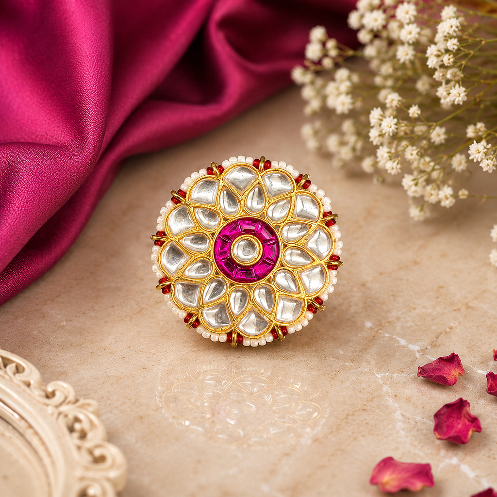 Raannii Rings - Gold Plated Pink Kundan Floral Statement Adjustable Ring for Women