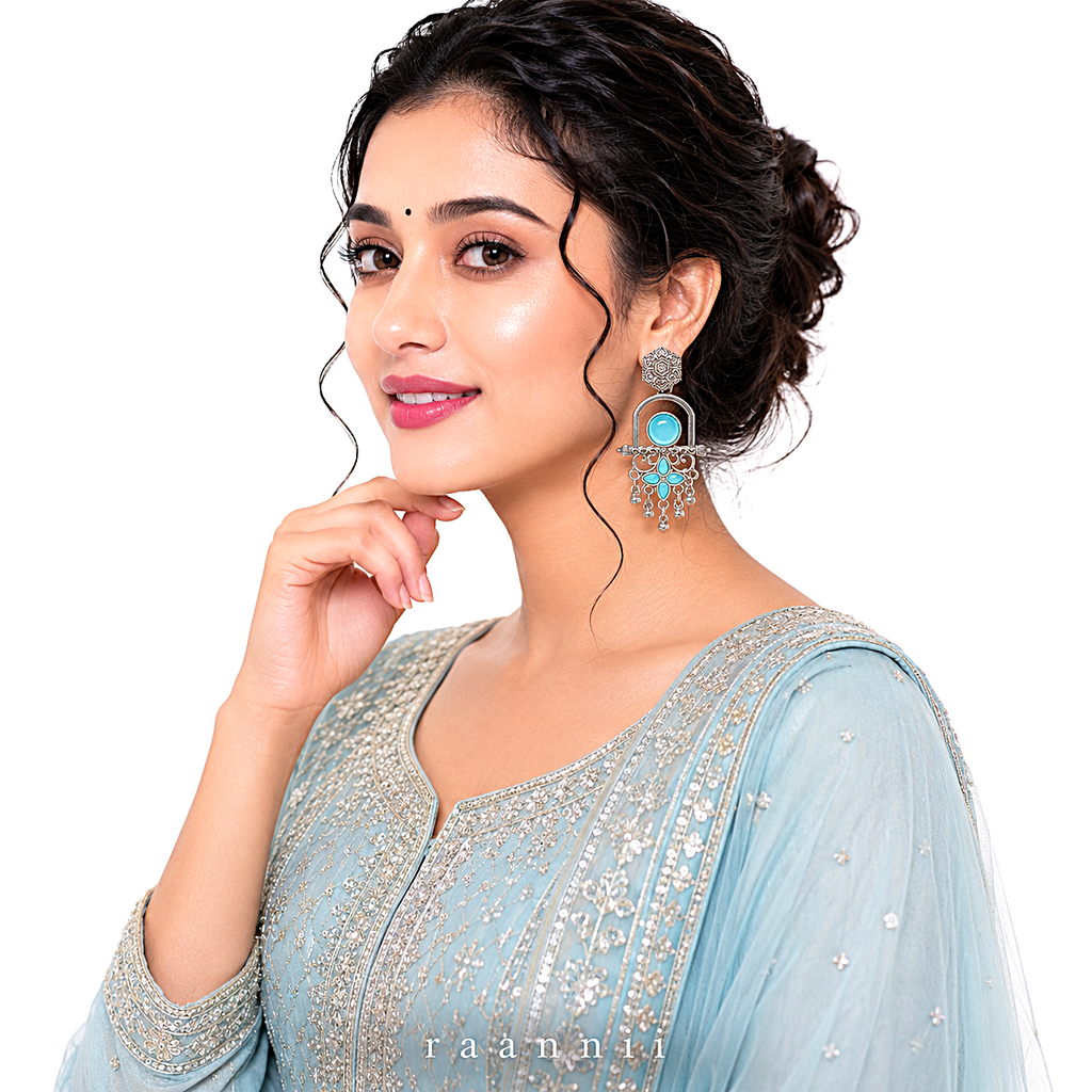 Raannii Earrings - Sky Blue Stone Oxidised Long Drop Earrings for Women