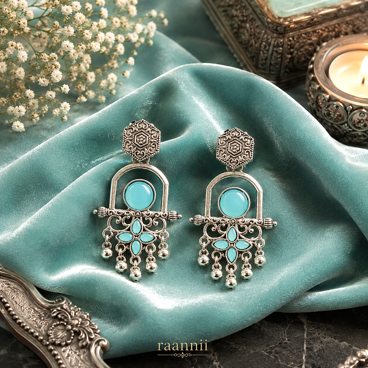 Raannii Earrings - Sky Blue Stone Oxidised Long Drop Earrings for Women