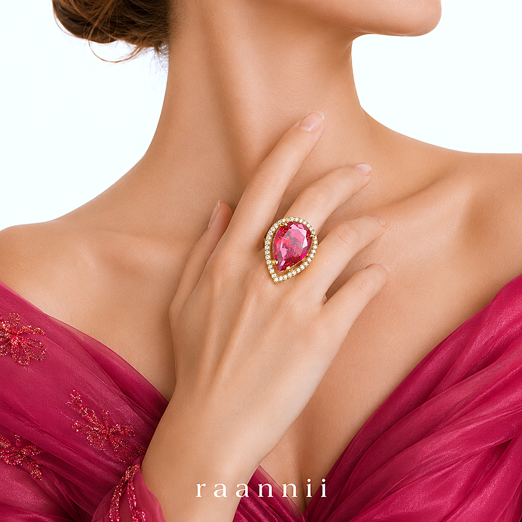 Raannii Rings - Gold Plated Pink Crystal Teardrop Statement Adjustable Ring for Women