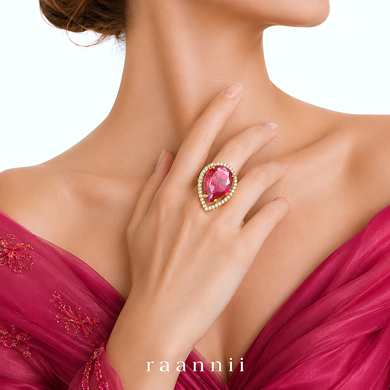 Raannii Rings - Gold Plated Pink Crystal Teardrop Statement Adjustable Ring for Women