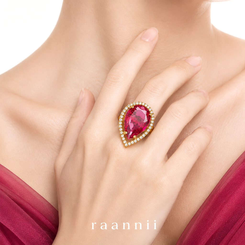 Raannii Rings - Gold Plated Pink Crystal Teardrop Statement Adjustable Ring for Women