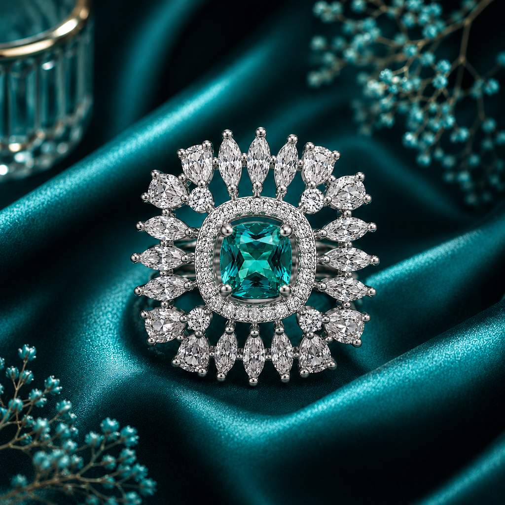Raannii Ring - Teal Green Crystal Floral Statement Ring for Women